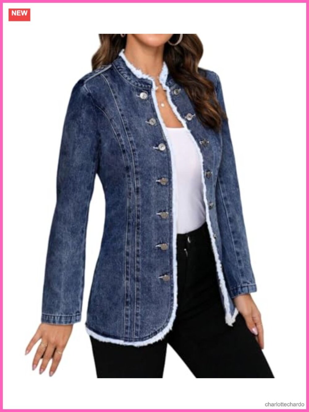 Plus Size Raw Hem Double Breasted Denim Jacket Frayed Jean Coat